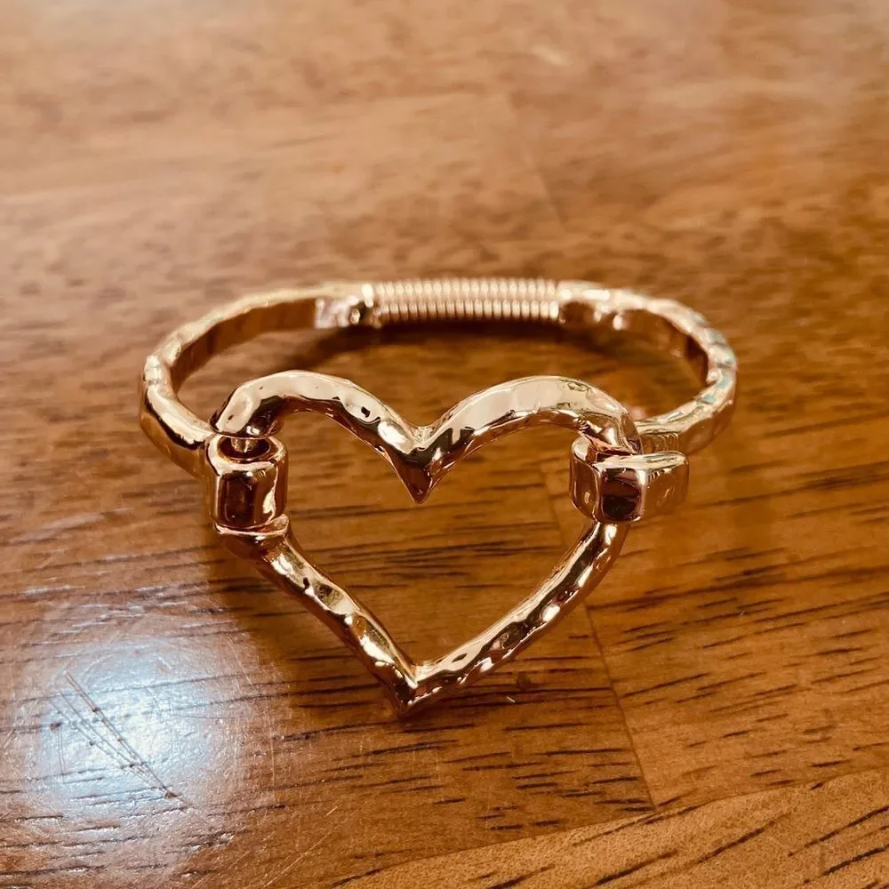 Chunky Gold Hammered Heart Cuff Bracelet Boho Statement Open Heart Bangle